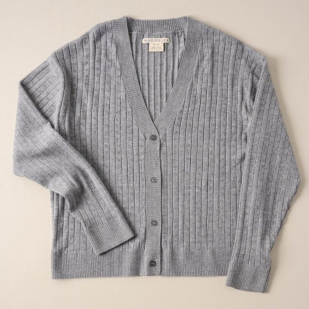 Magnolia Ribbed Knit Cardigan Gray Button-Front V-Neck Sweater Size XS